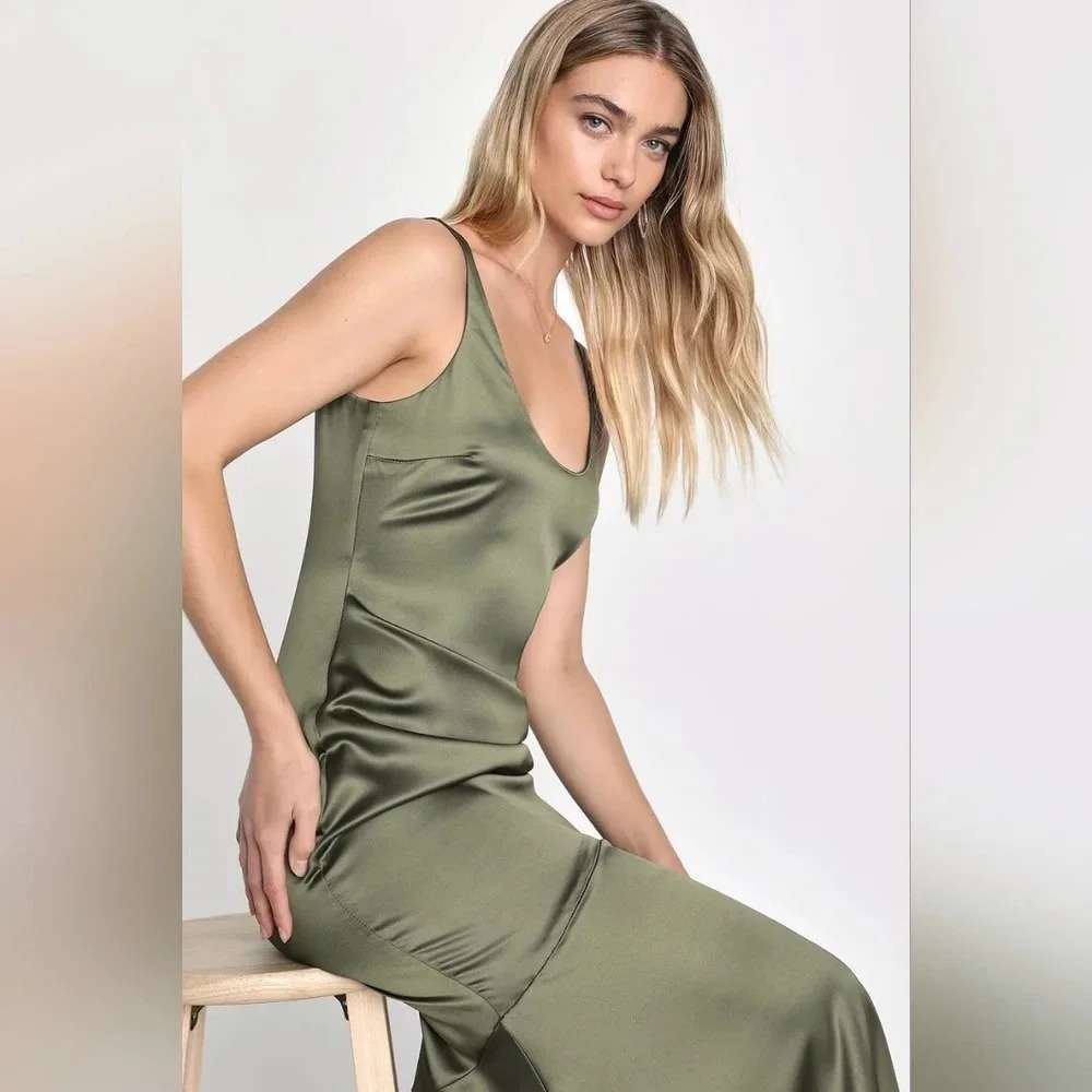 Lulus Enchanting Sophistication Olive Green Satin Mermaid Maxi Dress Party - Picture 4 of 10